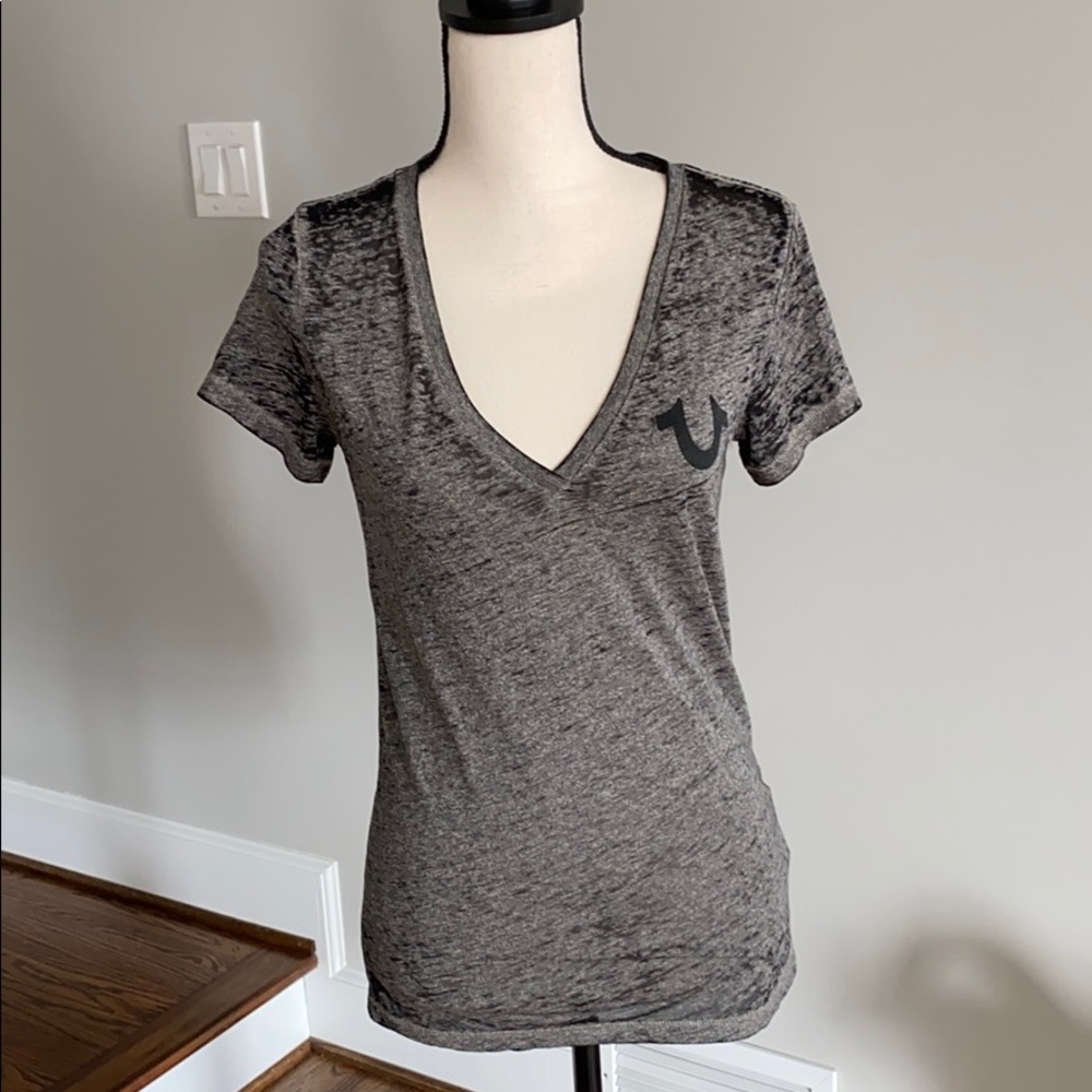 Gray True Religion Burnout V-Neck Tee